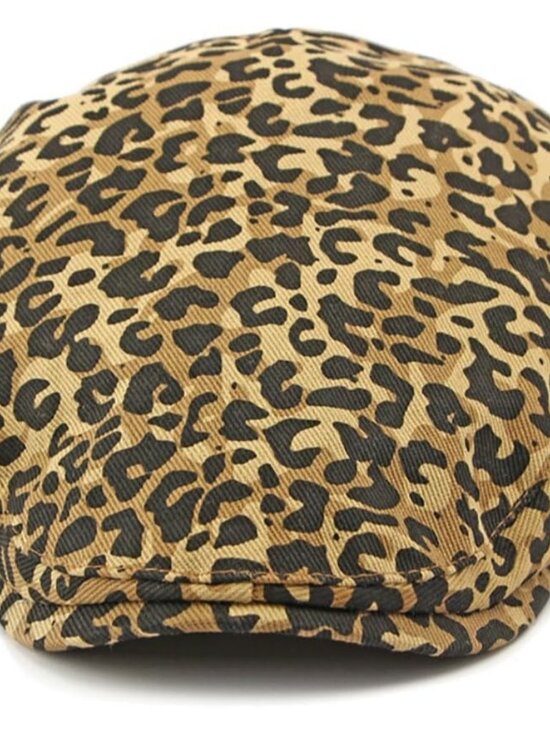 Women's Leopard Print Beret Hat Retro Newsboy Ivy Cap Cabbie Flat Cap Khaki - Picture 5 of 7